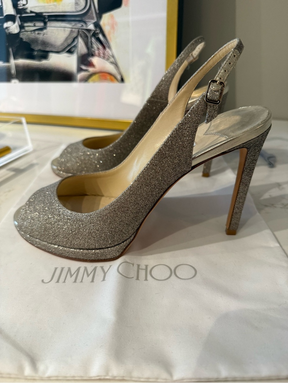 Jimmy Choo Champagne Glitter Slingback Peep-Toe Stilettos